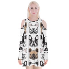 Dog French Bulldog Seamless Pattern Face Head Velvet Long Sleeve Shoulder Cutout Dress