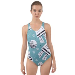 Cute Seamless Pattern With Rocket Planets Stars Cut-out Back One Piece Swimsuit