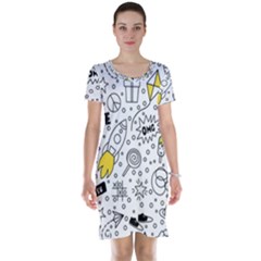 Set Cute Colorful Doodle Hand Drawing Short Sleeve Nightdress