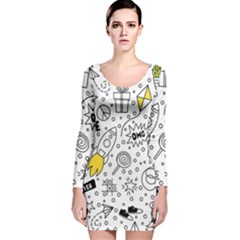 Set Cute Colorful Doodle Hand Drawing Long Sleeve Velvet Bodycon Dress