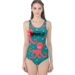 Cute Smiling Red Octopus Swimming Underwater One Piece Swimsuit