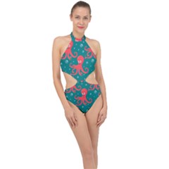 Cute Smiling Red Octopus Swimming Underwater Halter Side Cut Swimsuit by BangZart