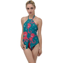 Cute Smiling Red Octopus Swimming Underwater Go With The Flow One Piece Swimsuit by BangZart