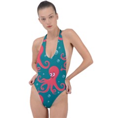 Cute Smiling Red Octopus Swimming Underwater Backless Halter One Piece Swimsuit by BangZart