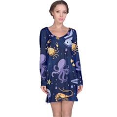 Marine Seamless Pattern Thin Line Memphis Style Long Sleeve Nightdress