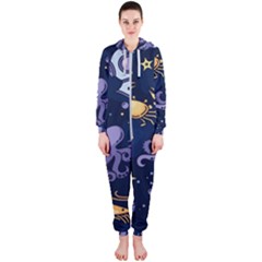 Marine Seamless Pattern Thin Line Memphis Style Hooded Jumpsuit (ladies) 