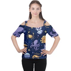 Marine Seamless Pattern Thin Line Memphis Style Cutout Shoulder Tee