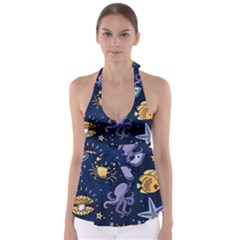 Marine Seamless Pattern Thin Line Memphis Style Babydoll Tankini Top