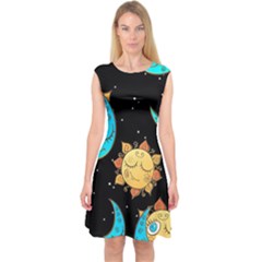 Seamless Pattern With Sun Moon Children Capsleeve Midi Dress