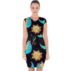 Seamless Pattern With Sun Moon Children Capsleeve Drawstring Dress 