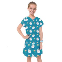 Elegant Swan Pattern With Water Lily Flowers Kids  Drop Waist Dress