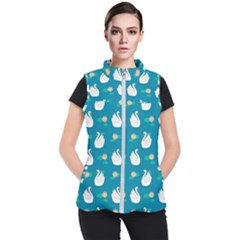 Elegant Swan Pattern With Water Lily Flowers Women s Puffer Vest