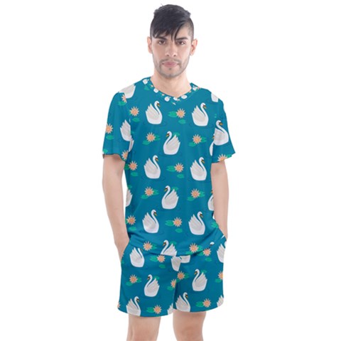 Elegant Swan Pattern With Water Lily Flowers Men s Mesh Tee And Shorts Set by BangZart
