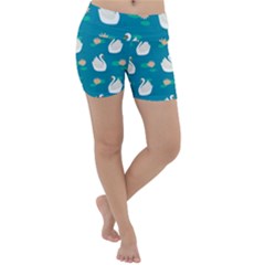 Elegant Swan Pattern With Water Lily Flowers Lightweight Velour Yoga Shorts