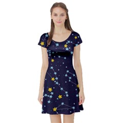 Seamless pattern with cartoon zodiac constellations starry sky Short Sleeve Skater Dress