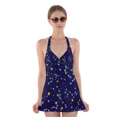 Seamless pattern with cartoon zodiac constellations starry sky Halter Dress Swimsuit 