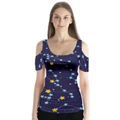 Seamless pattern with cartoon zodiac constellations starry sky Butterfly Sleeve Cutout Tee 