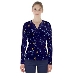 Seamless pattern with cartoon zodiac constellations starry sky V-Neck Long Sleeve Top