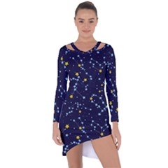 Seamless pattern with cartoon zodiac constellations starry sky Asymmetric Cut-Out Shift Dress