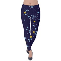 Seamless pattern with cartoon zodiac constellations starry sky Velvet Leggings