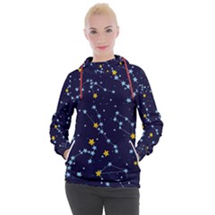 Seamless pattern with cartoon zodiac constellations starry sky Women s Hooded Pullover