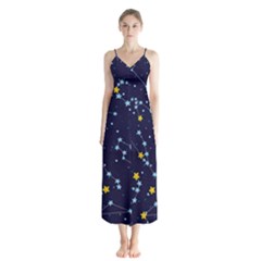 Seamless pattern with cartoon zodiac constellations starry sky Button Up Chiffon Maxi Dress