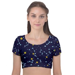 Seamless pattern with cartoon zodiac constellations starry sky Velvet Short Sleeve Crop Top 