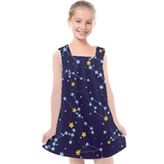 Seamless pattern with cartoon zodiac constellations starry sky Kids  Cross Back Dress