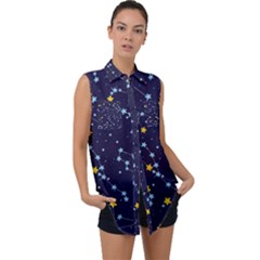 Seamless pattern with cartoon zodiac constellations starry sky Sleeveless Chiffon Button Shirt