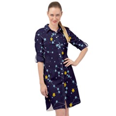 Seamless pattern with cartoon zodiac constellations starry sky Long Sleeve Mini Shirt Dress