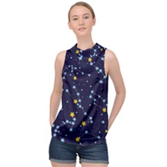 Seamless pattern with cartoon zodiac constellations starry sky High Neck Satin Top