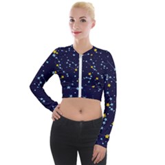 Seamless pattern with cartoon zodiac constellations starry sky Long Sleeve Cropped Velvet Jacket