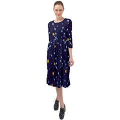 Seamless pattern with cartoon zodiac constellations starry sky Ruffle End Midi Chiffon Dress