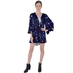 Seamless pattern with cartoon zodiac constellations starry sky V-Neck Flare Sleeve Mini Dress