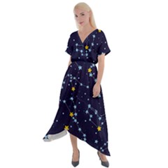 Seamless pattern with cartoon zodiac constellations starry sky Cross Front Sharkbite Hem Maxi Dress