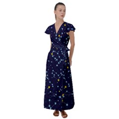 Seamless pattern with cartoon zodiac constellations starry sky Flutter Sleeve Maxi Dress