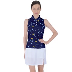 Seamless pattern with cartoon zodiac constellations starry sky Women s Sleeveless Polo Tee