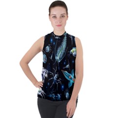 Colorful Abstract Pattern Consisting Glowing Lights Luminescent Images Marine Plankton Dark Background Mock Neck Chiffon Sleeveless Top