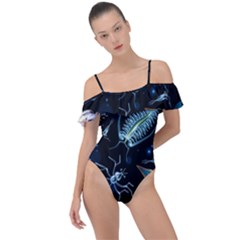 Colorful Abstract Pattern Consisting Glowing Lights Luminescent Images Marine Plankton Dark Background Frill Detail One Piece Swimsuit