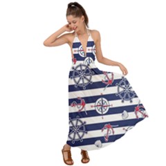 Seamless Marine Pattern Backless Maxi Beach Dress