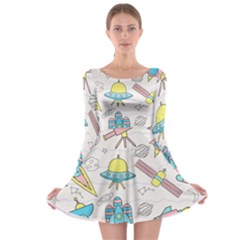 Cute Seamless Pattern With Space Long Sleeve Skater Dress
