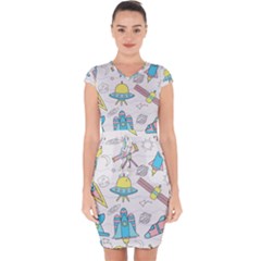 Cute Seamless Pattern With Space Capsleeve Drawstring Dress 