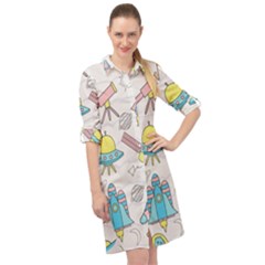 Cute Seamless Pattern With Space Long Sleeve Mini Shirt Dress