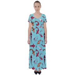 Pattern With Koi Fishes High Waist Short Sleeve Maxi Dress