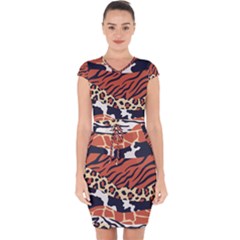 Mixed Animal Skin Print Safari Textures Mix Leopard Zebra Tiger Skins Patterns Luxury Animals Texture Capsleeve Drawstring Dress 