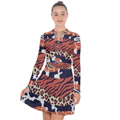 Mixed Animal Skin Print Safari Textures Mix Leopard Zebra Tiger Skins Patterns Luxury Animals Texture Long Sleeve Panel Dress by BangZart