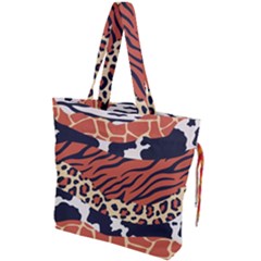 Mixed Animal Skin Print Safari Textures Mix Leopard Zebra Tiger Skins Patterns Luxury Animals Texture Drawstring Tote Bag by BangZart