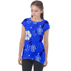 Blooming Seamless Pattern Blue Colors Cap Sleeve High Low Top