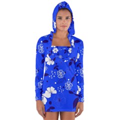 Blooming Seamless Pattern Blue Colors Long Sleeve Hooded T-shirt by BangZart