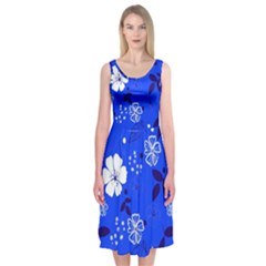 Blooming Seamless Pattern Blue Colors Midi Sleeveless Dress